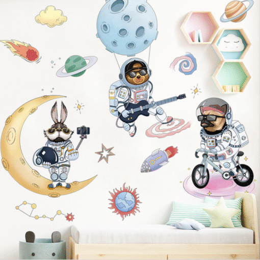 Decal Dán Tường Vũ Trụ Chủ Đề Phi Hành Gia Động Vật – Trang Trí Phòng Bé, Lớp Học, Chất Liệu PVC Bền Đẹp - Hình ảnh 4