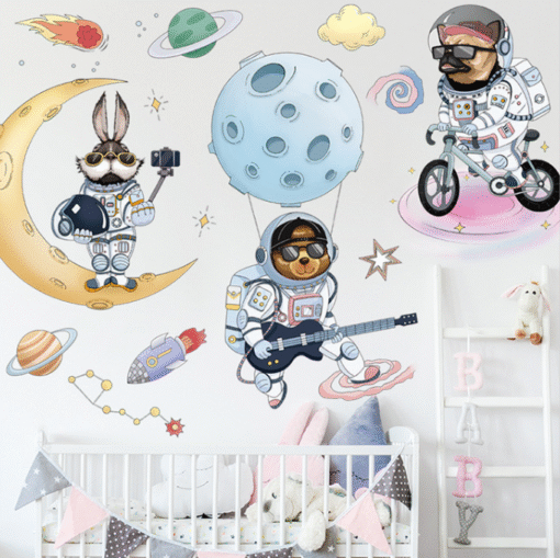 Decal Dán Tường Vũ Trụ Chủ Đề Phi Hành Gia Động Vật – Trang Trí Phòng Bé, Lớp Học, Chất Liệu PVC Bền Đẹp - Hình ảnh 5