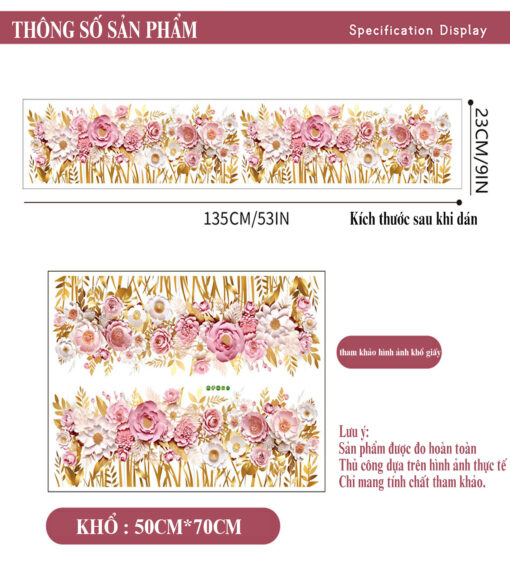 Decal Chân Tường, Cửa Kính Hoa Hồng Hồng Pastel 3D – Trang Trí Chân Tường, Cửa Kính 135x23cm-SK7228ds - Sẵn Keo Mặt Sau - Hình ảnh 4