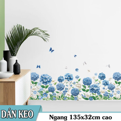 Decal Chân Tường, Cửa Kính Hoa Cẩm Tú Cầu Xanh 3D – Trang Trí Chân Tường, Cửa Kính 135x32cm-SK7227ds - Hình ảnh 2