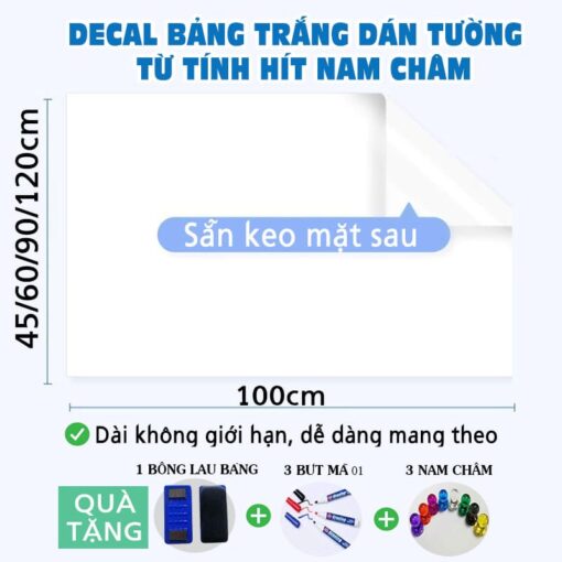 Decal Viết Bảng Trắng Từ Tính PET - Có Keo Sẵn, Hút Nam Châm Được, Viết Xóa Dễ Dàng-Khổ 45,60cm,90cm,120cm - Hình ảnh 6