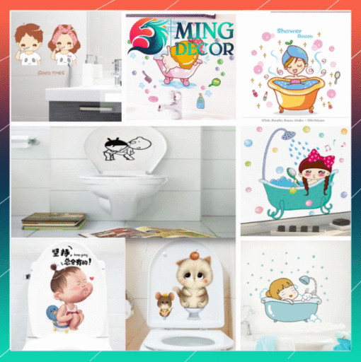 Decal Dán Toilet Em Bé và Nhiều Hoạ Tiết – PVC Không Thấm Nước, Keo Sẵn, Bóc Dán Từng Chi Tiết