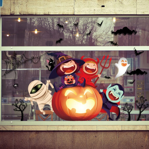Decal Halloween 2025 Bé Phù Thủy, Bí Ngô Dễ Thương – Dán Cửa Kính Có Sẵn Keo - Hình ảnh 3