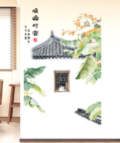 Decal Bắc Âu lá chuối và mèo dán tường phòng khách, phong cách trang trí Bắc Âu, decal lá cây PVC chống nước