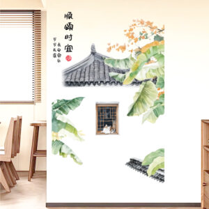 Decal Bắc Âu lá chuối và mèo dán tường phòng khách, phong cách trang trí Bắc Âu, decal lá cây PVC chống nước