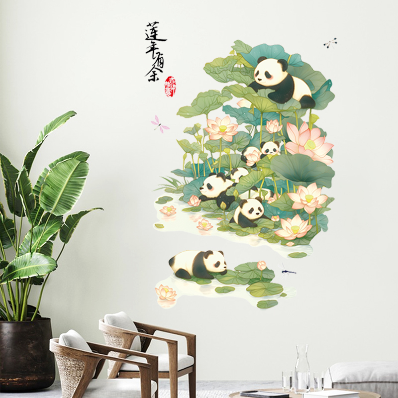 decal-sen-gau-truc-trang-tri-phong-khach-mingdecor Decal sen gấu trúc – decal dán tường nghệ thuật hoa sen và gấu trúc dễ thương trang trí phòng khách, phòng ngủ – MingDecor