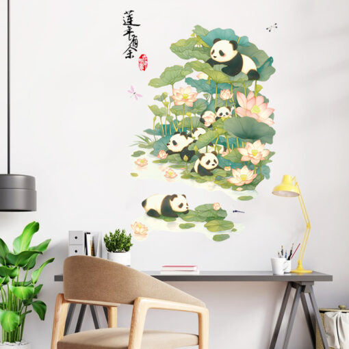 Decal Sen Gấu Trúc và Hoa Sen Dán Tường – Trang Trí Phòng Khách Thanh Nhã & Dễ Thương - Hình ảnh 3