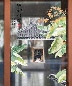 Decal Bắc Âu lá chuối và mèo dán kính cửa sổ, decal trang trí tường và kính phong cách Bắc Âu