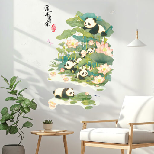 Decal Sen Gấu Trúc và Hoa Sen Dán Tường – Trang Trí Phòng Khách Thanh Nhã & Dễ Thương - Hình ảnh 4