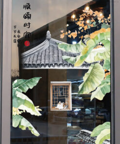 Decal Bắc Âu lá chuối và mèo trang trí kính quán cà phê, decal lá cây chống thấm, dễ dán