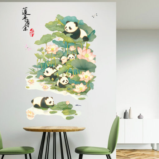 Decal Sen Gấu Trúc và Hoa Sen Dán Tường – Trang Trí Phòng Khách Thanh Nhã & Dễ Thương - Hình ảnh 5