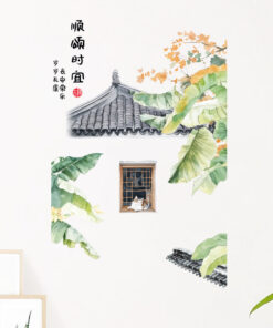 Decal Bắc Âu lá chuối và mèo trang trí tường trắng, decal dán tường phong cách Bắc Âu, dễ dán