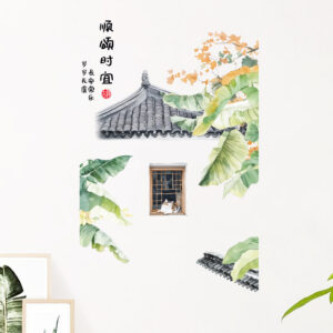 Decal Bắc Âu lá chuối và mèo trang trí tường trắng, decal dán tường phong cách Bắc Âu, dễ dán
