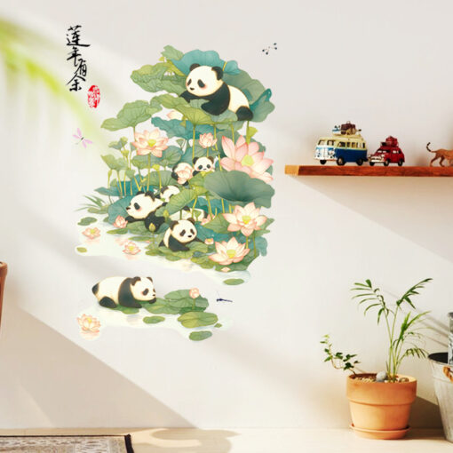 Decal Sen Gấu Trúc và Hoa Sen Dán Tường – Trang Trí Phòng Khách Thanh Nhã & Dễ Thương - Hình ảnh 6