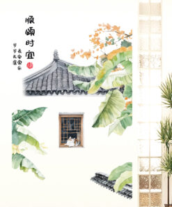 Decal Bắc Âu lá chuối và mèo trang trí tường kết hợp cây xanh nội thất, phong cách trang trí Bắc Âu