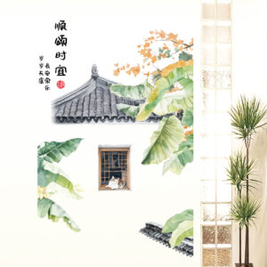 Decal Bắc Âu lá chuối và mèo trang trí tường kết hợp cây xanh nội thất, phong cách trang trí Bắc Âu