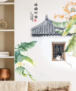 Decal Bắc Âu lá chuối và mèo nằm bên cửa sổ, decal trang trí tường phòng khách, chống thấm nước