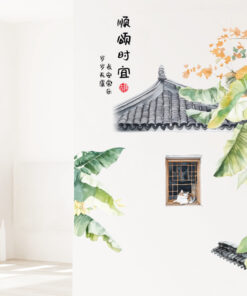 Decal Bắc Âu lá chuối và mèo trang trí không gian tối giản, decal lá cây phong cách Bắc Âu