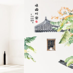 Decal Bắc Âu lá chuối và mèo trang trí không gian tối giản, decal lá cây phong cách Bắc Âu