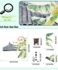 Chi tiết decal Bắc Âu lá chuối và mái ngói cổ, chất liệu PVC in sắc nét, chống phai màu
