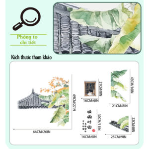 Chi tiết decal Bắc Âu lá chuối và mái ngói cổ, chất liệu PVC in sắc nét, chống phai màu