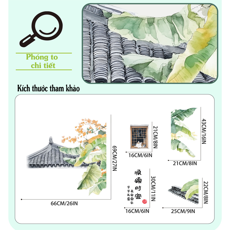 Chi tiết decal Bắc Âu lá chuối và mái ngói cổ, chất liệu PVC in sắc nét, chống phai màu