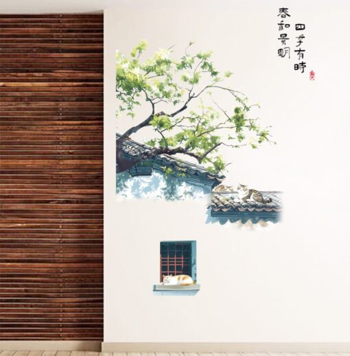 Decal Dán Tường Lá Bắc Âu Mèo Nghỉ Trưa Trên Mái Ngói Cổ Điển – Phong Cảnh Cây Xanh Nghệ Thuật, 86×113cm - Hình ảnh 5