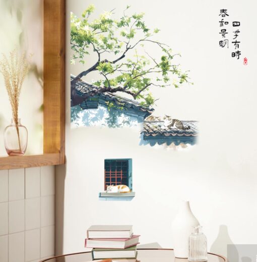 Decal Dán Tường Lá Bắc Âu Mèo Nghỉ Trưa Trên Mái Ngói Cổ Điển – Phong Cảnh Cây Xanh Nghệ Thuật, 86×113cm - Hình ảnh 7