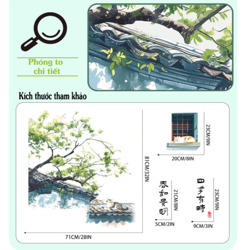 Decal Dán Tường Lá Bắc Âu Mèo Nghỉ Trưa Trên Mái Ngói Cổ Điển – Phong Cảnh Cây Xanh Nghệ Thuật, 86×113cm - Hình ảnh 9