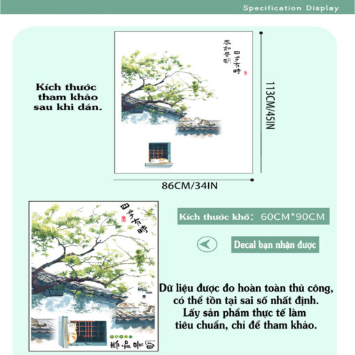 Decal Dán Tường Lá Bắc Âu Mèo Nghỉ Trưa Trên Mái Ngói Cổ Điển – Phong Cảnh Cây Xanh Nghệ Thuật, 86×113cm - Hình ảnh 10