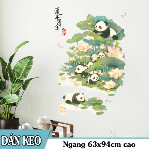 Decal Sen Gấu Trúc và Hoa Sen Dán Tường – Trang Trí Phòng Khách Thanh Nhã & Dễ Thương - Hình ảnh 7