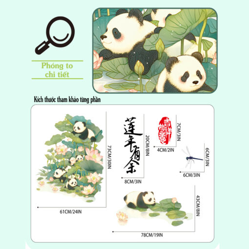 Decal Sen Gấu Trúc và Hoa Sen Dán Tường – Trang Trí Phòng Khách Thanh Nhã & Dễ Thương - Hình ảnh 8