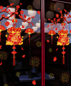 Decal Tết Túi Tiền Tài Lộc – Hoa Đào – Pháo Hoa | Hít Tĩnh Điện | Khổ 60x90 cm | Trang Trí Cửa Kính Tết 2026 Sang Trọng & May Mắn