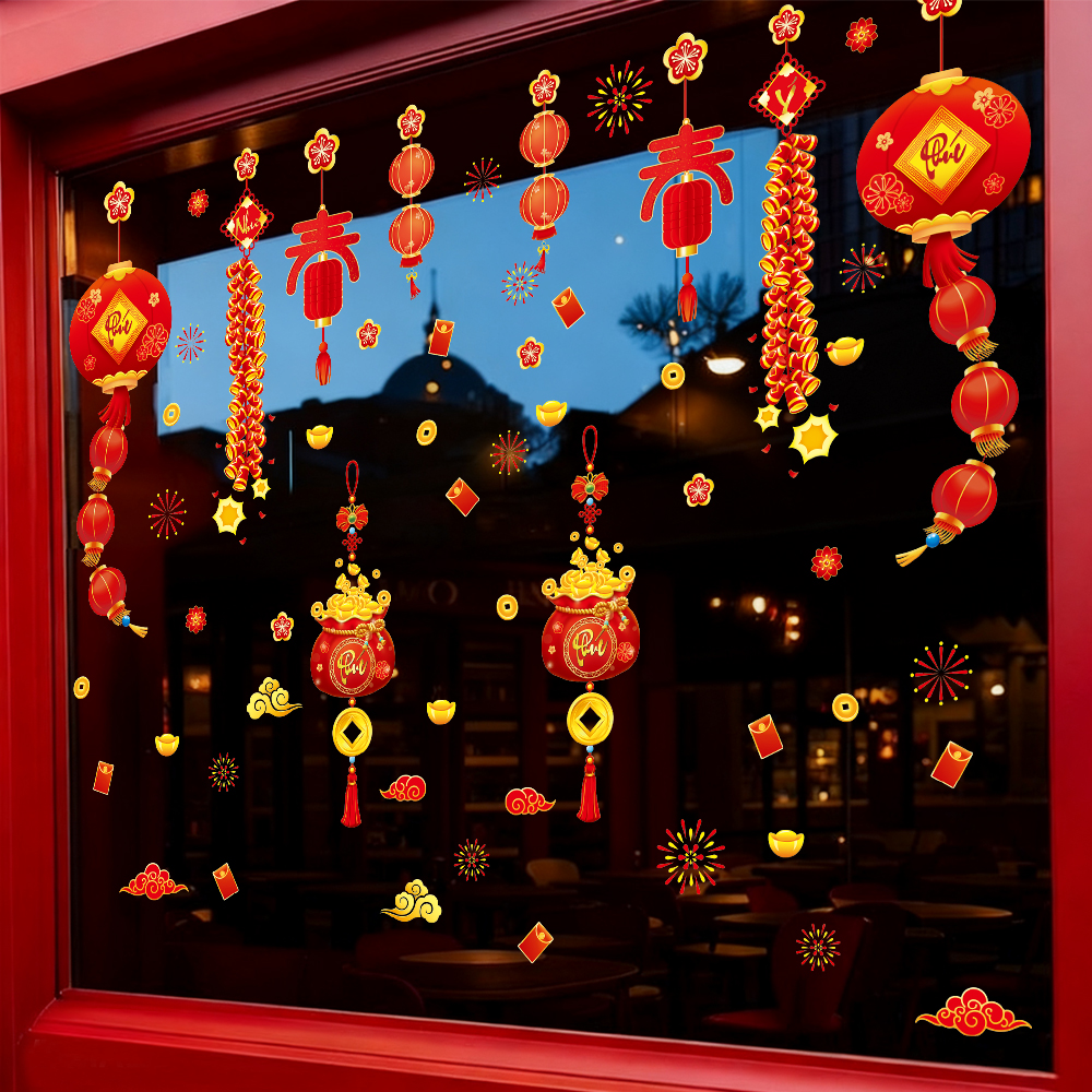 Decal Tết Lồng Đèn – Túi Tiền Tài Lộc – Pháo Đỏ | Hít Tĩnh Điện | Khổ 60x90 cm | Trang Trí Cửa Kính Tết 2026 Rực Rỡ & May Mắn