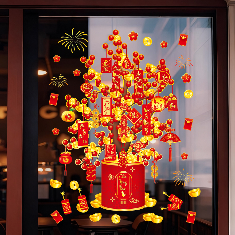 Decal Tết Cây Lộc 2026 – Bao Lì Xì & Thỏi Vàng May Mắn | Hít Tĩnh Điện | Khổ 60×90 cm Trang Trí Cửa Kính Tết - Hình ảnh 5