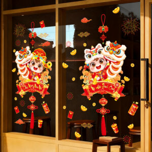 Decal Tết Múa Lân 2026 – Bé Múa Lân & Lân Sư Rồng Đỏ | Decal Tết Hít Tĩnh Điện | Khổ 60×90 cm Trang Trí Cửa Kính