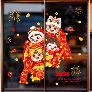 Decal Tết Bé Mừng Xuân 2026 – Bé Cá Chép Hóa Rồng & Bé Múa Lân | Decal Tết Hít Tĩnh Điện | Khổ 60×90 cm Trang Trí Cửa Kính