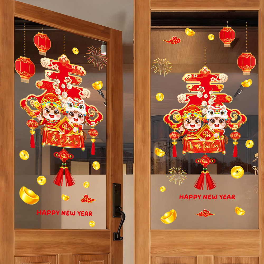 Decal Tết Bé Múa Lân 2026 – Chữ Phúc Lớn Đỏ Vàng | Decal Tết Hít Tĩnh Điện | Khổ 60×90 cm Trang Trí Cửa Kính