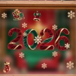 Decal Noel 2026 Hít Tĩnh Điện – Chữ 2026 Lụa Nhung Đỏ Xanh Sang Trọng, Kèm Hoa Tuyết Vàng