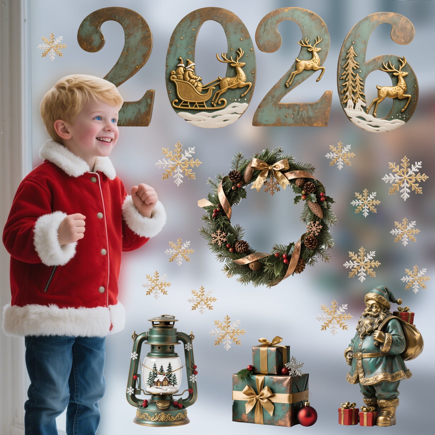 Decal Noel 2026 Hít Tĩnh Điện – Chữ 2026 Vintage, Hoa Tuyết & Ông Già Noel Cổ Điển Trang Trí Kính - Hình ảnh 7