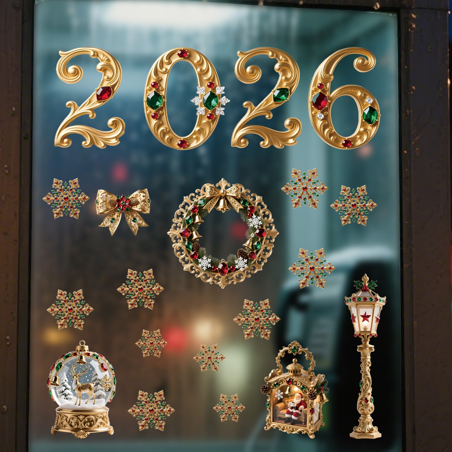 Decal Noel 2026 Hoàng Gia Đỏ Xanh – Hít Tĩnh Điện Cao Cấp, Chữ 2026 Đính Đá Sang Trọng tại MingDecor - Hình ảnh 2