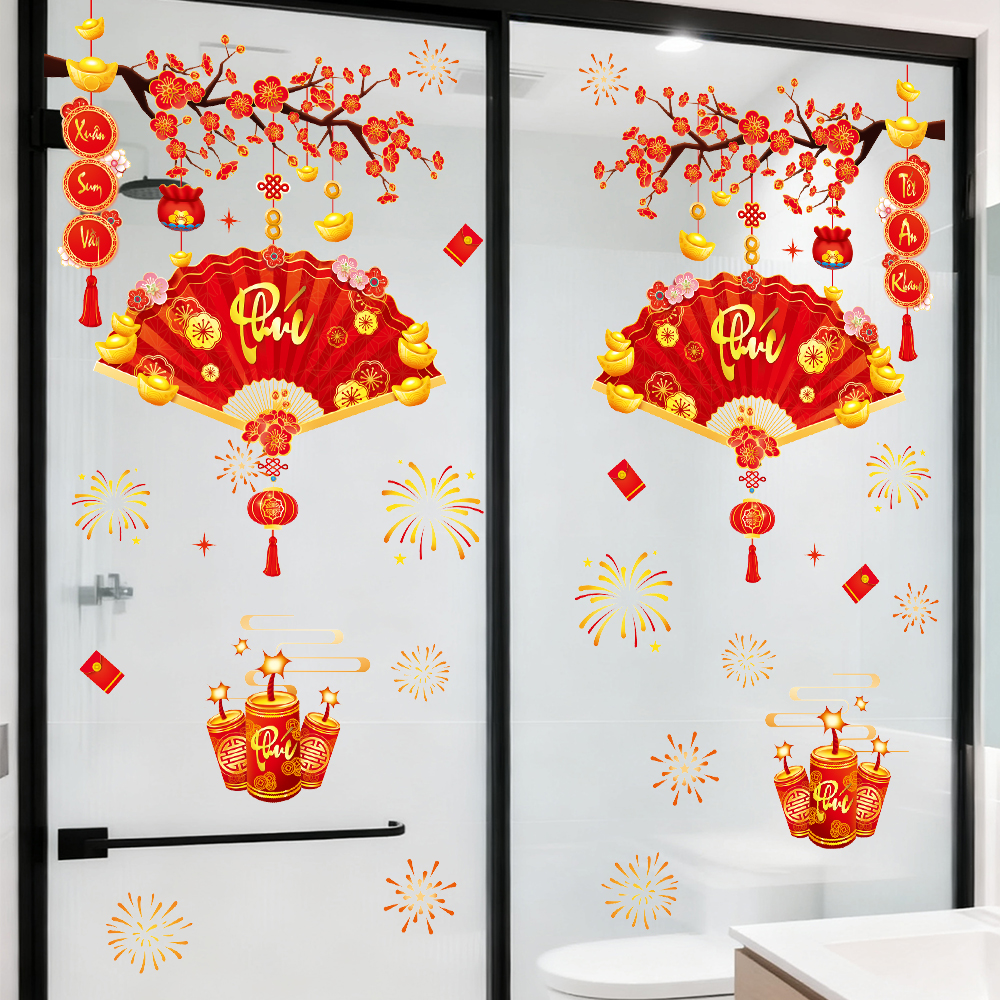Decal Tết Quạt Phú 2026 – Cành Đào Đỏ & Pháo Hoa – Hít Tĩnh Điện | Khổ 60×90 cm Trang Trí Cửa Kính Tết Sang Trọng - Hình ảnh 7