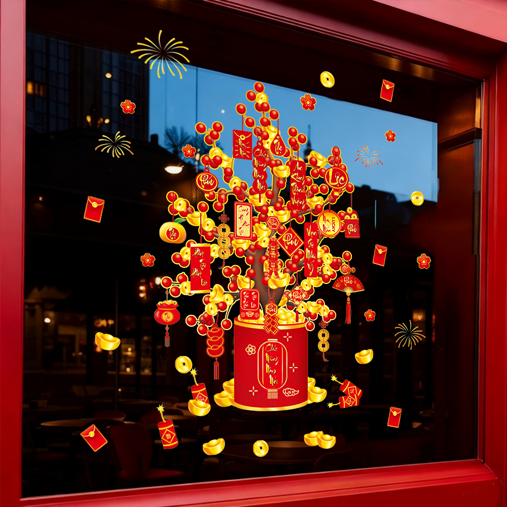 Decal Tết Cây Lộc 2026 – Bao Lì Xì & Thỏi Vàng May Mắn | Hít Tĩnh Điện | Khổ 60×90 cm Trang Trí Cửa Kính Tết