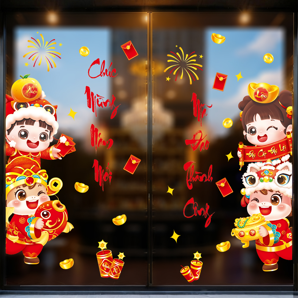 Decal Tết Bé Dễ Thương 2026 – Chúc Mừng Năm Mới, Mã Đáo Thành Công | Decal Tết Hít Tĩnh Điện | Khổ 60×90 cm – MingDecor