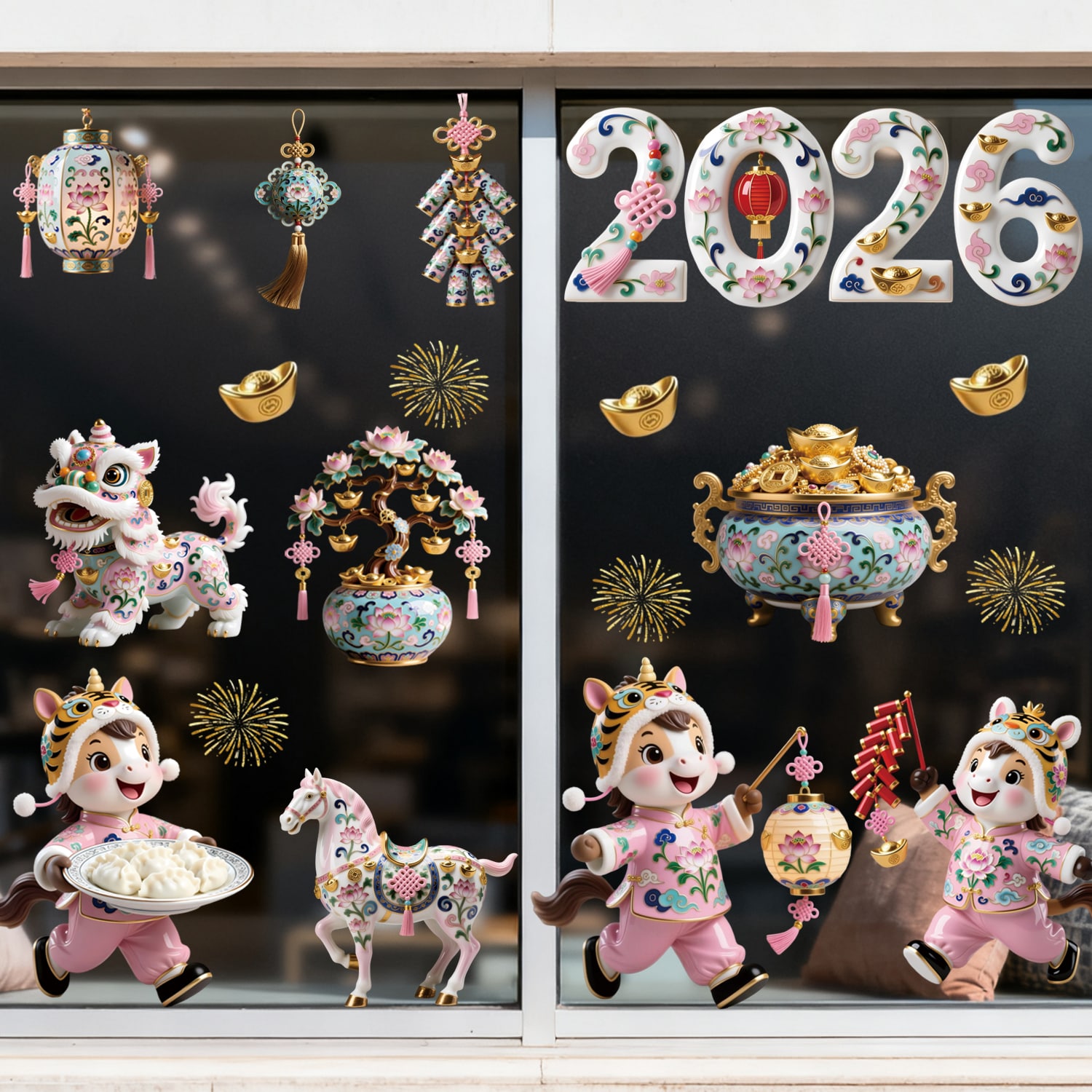 Decal Tết 2026 Hoa Sen – Ngựa May Mắn – Bình Tài Lộc Gốm Sứ | Hít Tĩnh Điện – MingDecor - Hình ảnh 2