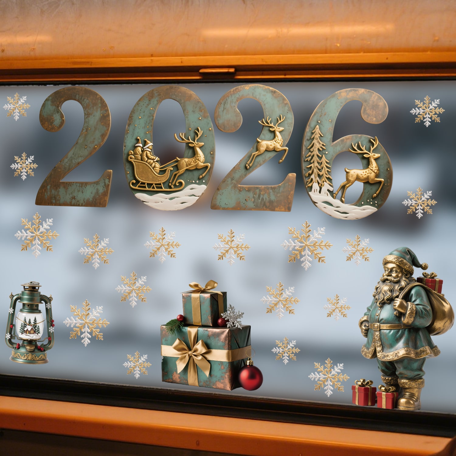 Decal Noel 2026 Hít Tĩnh Điện – Chữ 2026 Vintage, Hoa Tuyết & Ông Già Noel Cổ Điển Trang Trí Kính - Hình ảnh 6