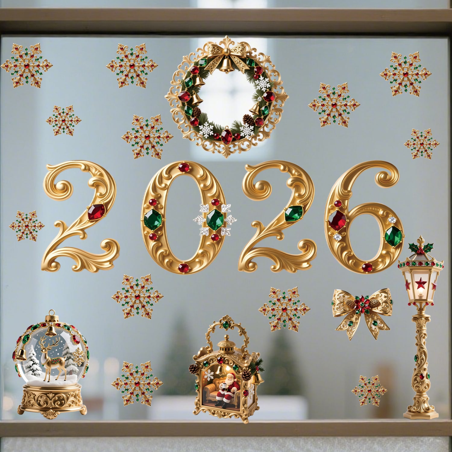 Decal Noel 2026 Hoàng Gia Đỏ Xanh – Hít Tĩnh Điện Cao Cấp, Chữ 2026 Đính Đá Sang Trọng tại MingDecor - Hình ảnh 3