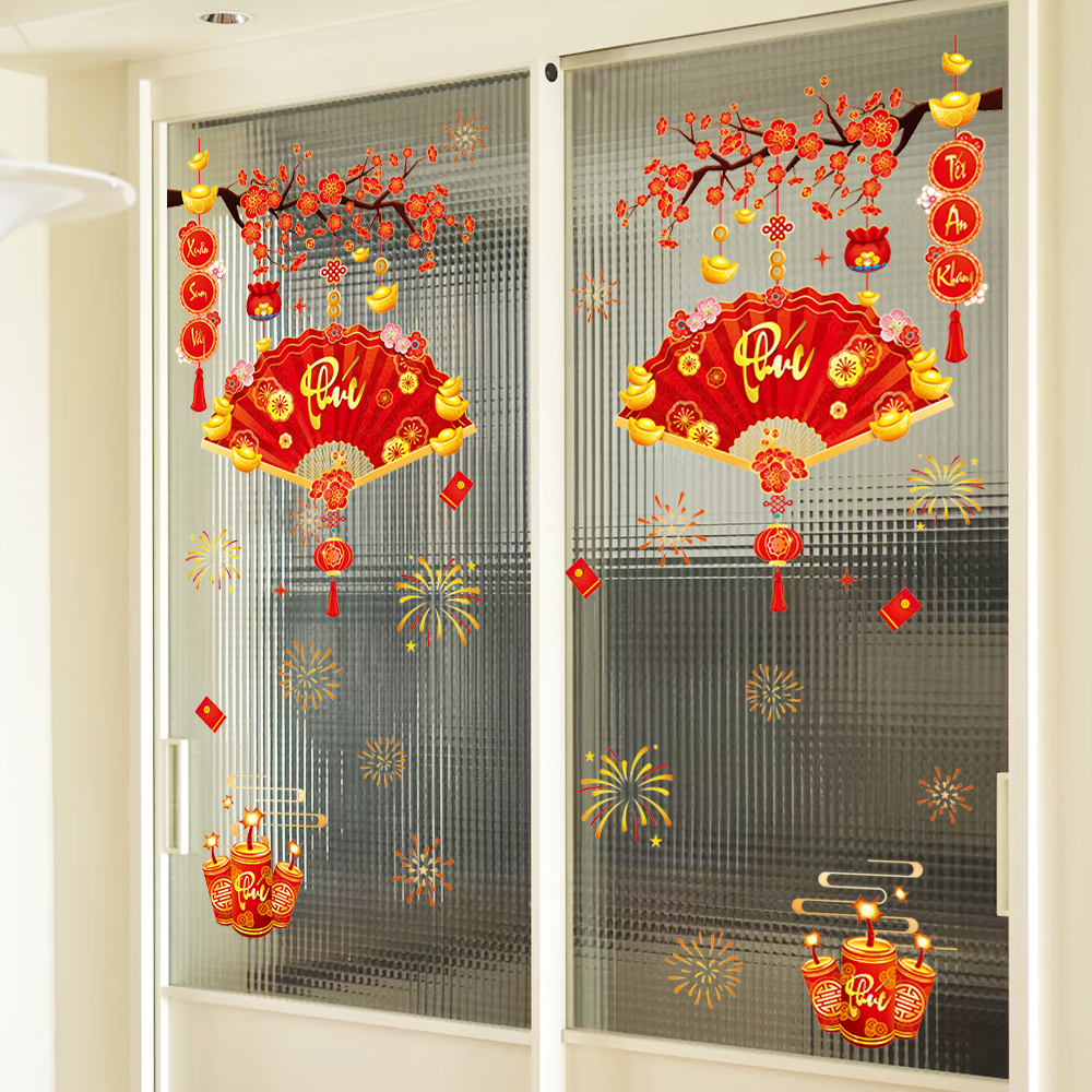 Decal Tết Quạt Phú 2026 – Cành Đào Đỏ & Pháo Hoa – Hít Tĩnh Điện | Khổ 60×90 cm Trang Trí Cửa Kính Tết Sang Trọng - Hình ảnh 6
