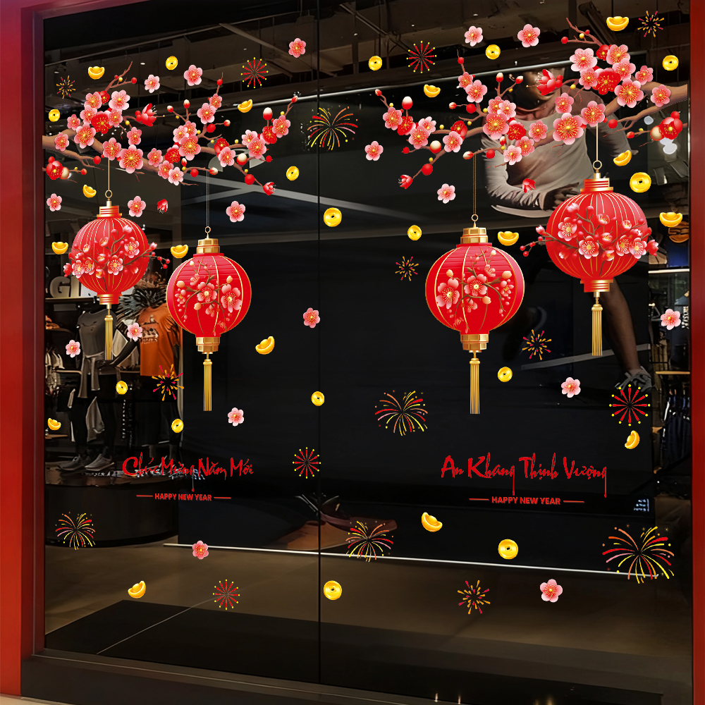 Decal Tết Lồng Đèn Đỏ & Hoa Đào 2026 – An Khang Thịnh Vượng | Hít Tĩnh Điện | Khổ 60×90 cm Trang Trí Cửa Kính Tết