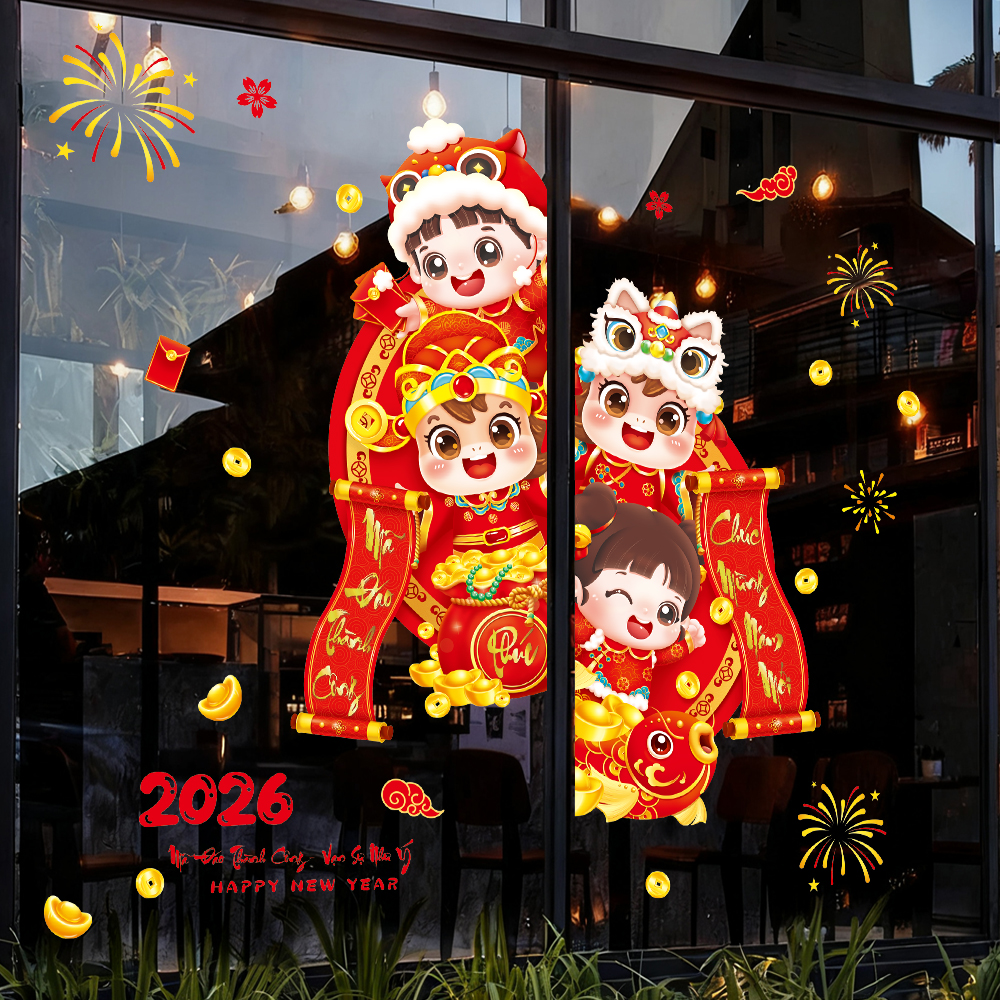Decal Tết Bé Mừng Xuân 2026 – Bé Cá Chép Hóa Rồng & Bé Múa Lân | Decal Tết Hít Tĩnh Điện | Khổ 60×90 cm Trang Trí Cửa Kính - Hình ảnh 3